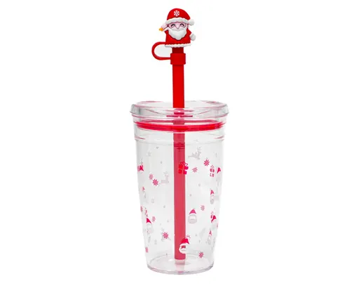 Vaso de Plástico con Popote de Santa Claus Noel A3191 450 ml Rojo