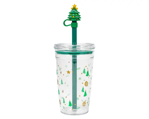Vaso de Plástico con Popote de Árbol Navideño Holly A3192 450 ml Verde