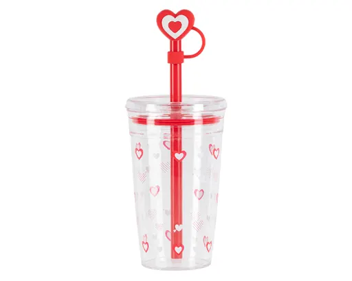 Vaso de Plástico con Popote de Corazón Valentine A3204 450 ml Rojo